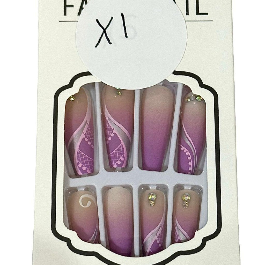 Flirty Findz Medium-to-Long Coffin Nails, Matte Buff and Lilac, Nail Art, Press-on Fake Nails, Item X1