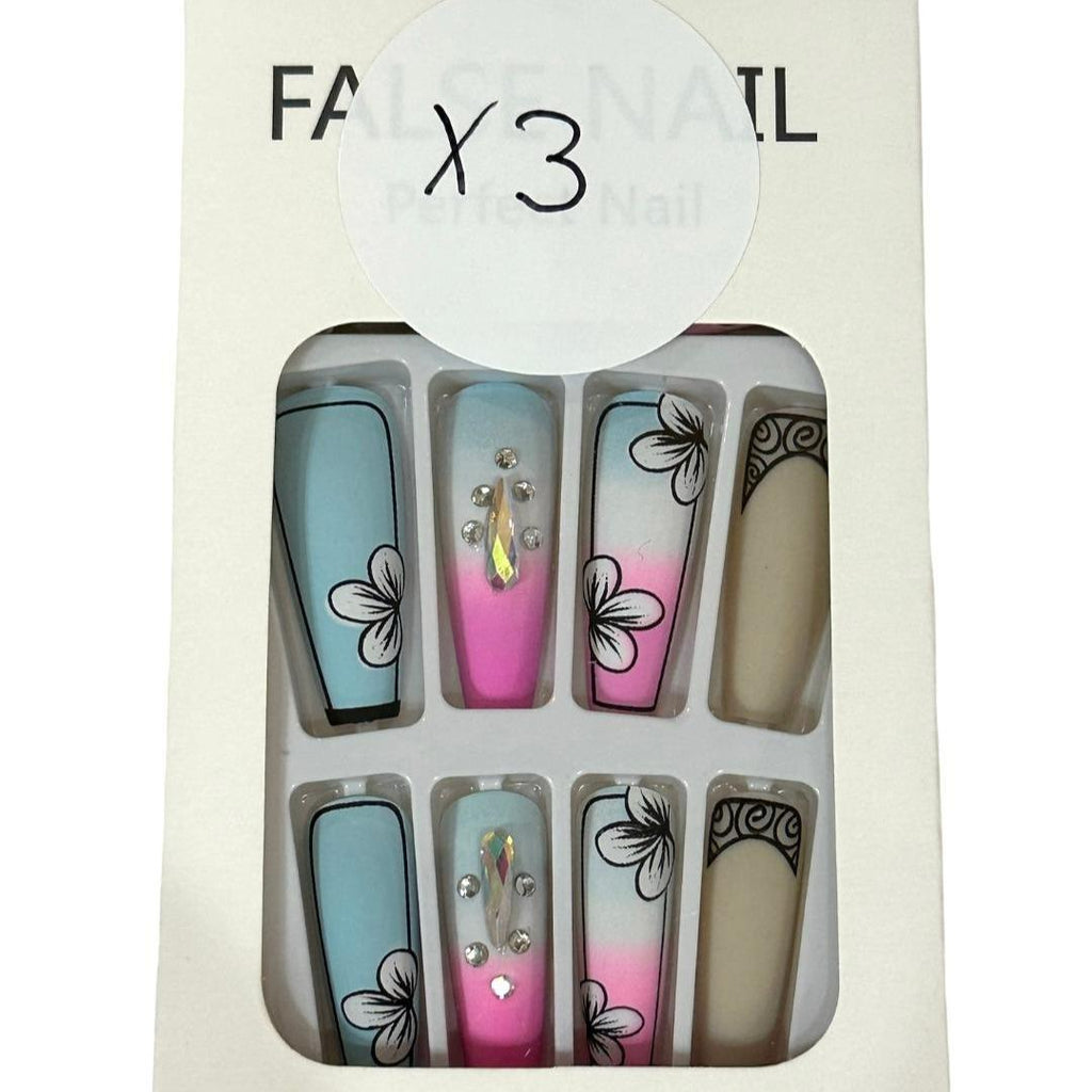 Flirty Findz Medium-to-Long Coffin Nails, Matte Flower Design, Press-on Fake Nails, Item X3