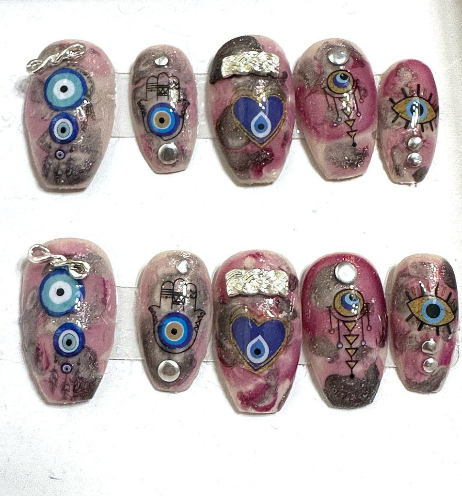 Flirty Findz Evil Eye, Handcrafted Press-On Fake Nails, Short Coffin Nails, With Glue and Gel Tabs,Item BG91