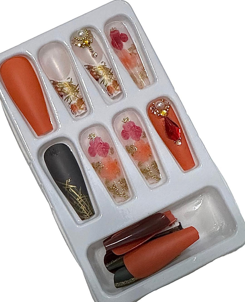 Flirty Findz Medium-to-Long Coffin Nails, Perfect For Fall,  Press on Fake Nails, Item V28