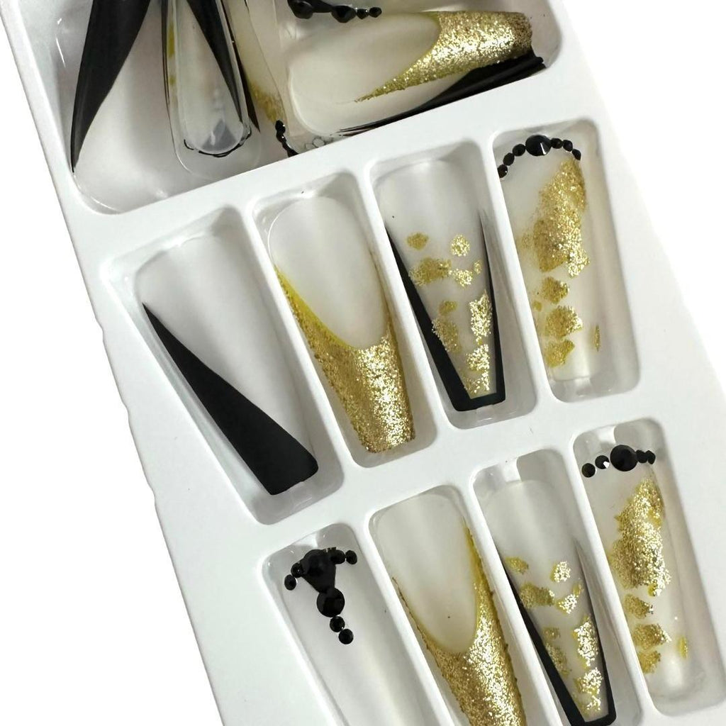 Flirty Findz Classy Medium to Long Coffin Nails, Gold Flake, Black and Transparent with Matte Finish,  Press on Fake Nails, Item C93
