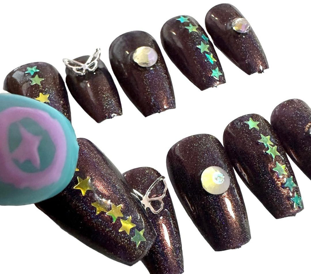 Flirty Findz Handcrafted Press-On Fake Nails, Short Coffin Nails, J91, With Glue and Gel Tabs