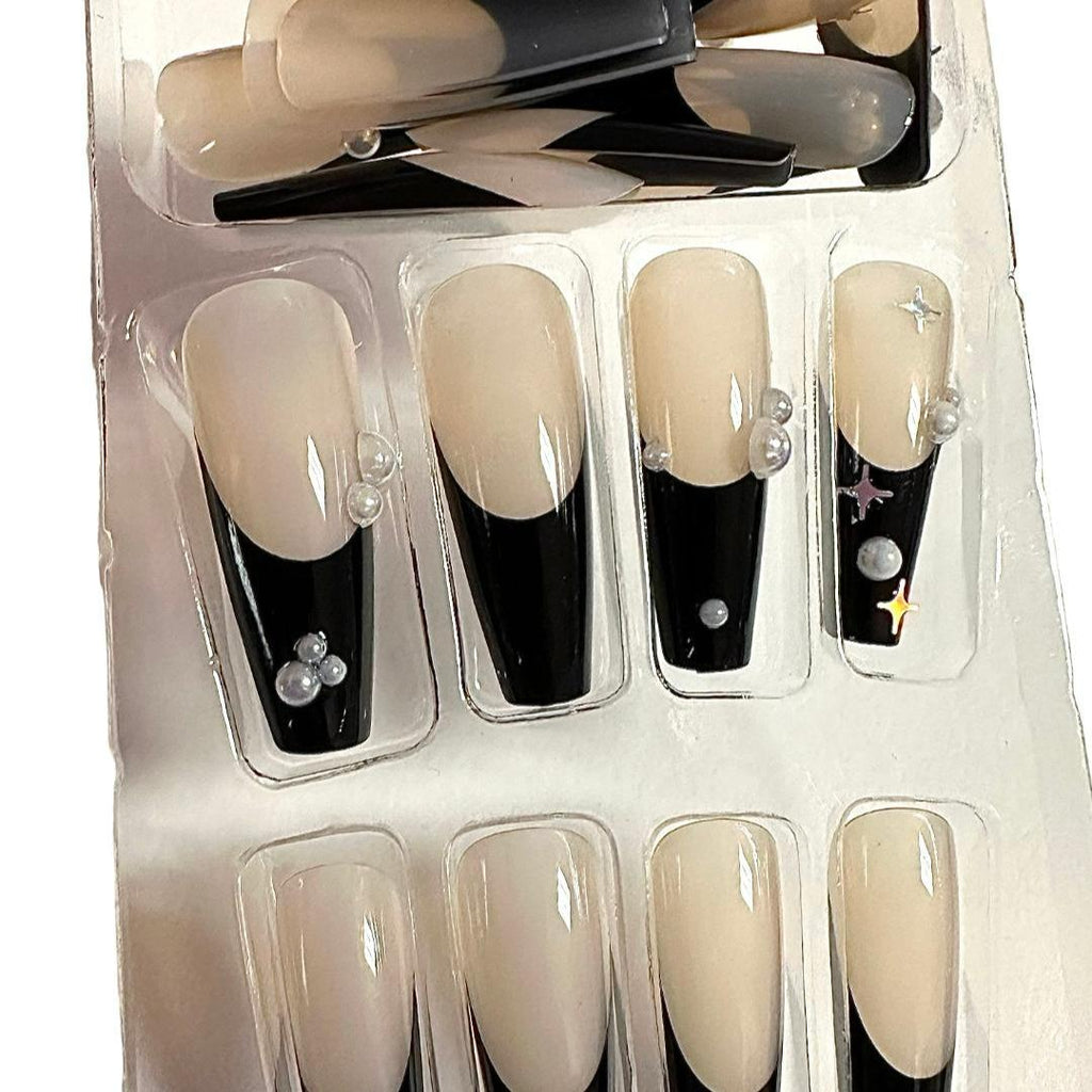 Flirty Findz Medium-to-Long Coffin-Shaped Nails, Black and Beige With Faux Pearls,  Press-on Fake Nails, Item Q6