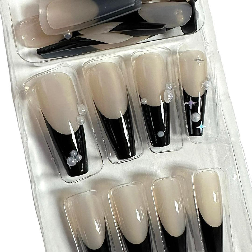 Flirty Findz Medium-to-Long Coffin-Shaped Nails, Black and Beige With Faux Pearls,  Press-on Fake Nails, Item Q6