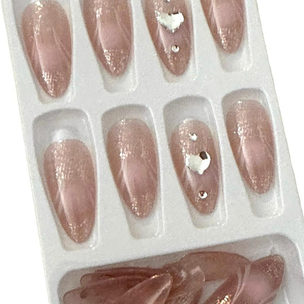 Flirty Findz Short-to-Medium Almond-Shaped Nails, Translucent Pink With Bling, Press-on Fake Nails, Item Q8