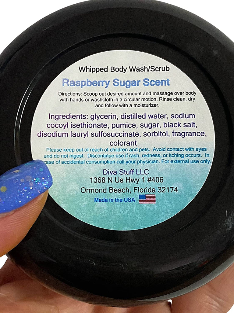 Whipped Body Wash/Scrub By Diva Stuff, With Pumice, Sugar and Black Salt, Exfoliates Dead Skin,, Raspberry Sugar Scent, 4 oz