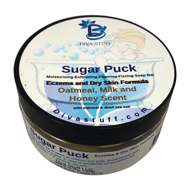 Sugar Puck, Eczema and Dry Skin Formula, Unique Sugar Scrub Soap Bar, Exfoliating, Foaming, Moisturizing and Fizzing, Oatmeal, Milk and Honey Scent