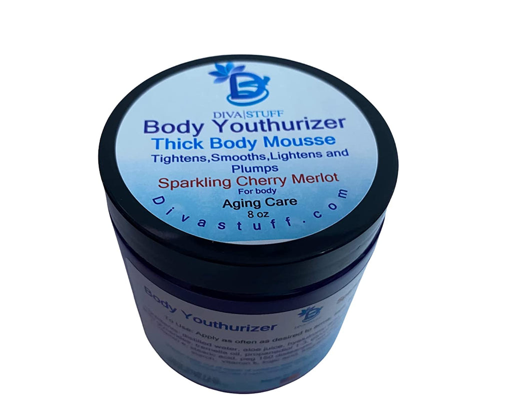 Diva Stuff Body Youthurizer,Thick Body Mousse For Crepey Skin With Anti Aging, Deep Hydration , Smoothing and Plumping Properties, Contains Hyaluronic Acid, Tremella Oil, & Shea Glycerides. Sparkling Cherry Merlot Scent,, 8 oz Jar