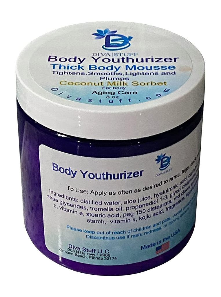 Diva Stuff Body Youthurizer,Thick Body Mousse For Crepey Skin With Anti Aging, Deep Hydration , Smoothing and Plumping Properties, Coconut Milk Sorbet, Scent, 8 oz Jar