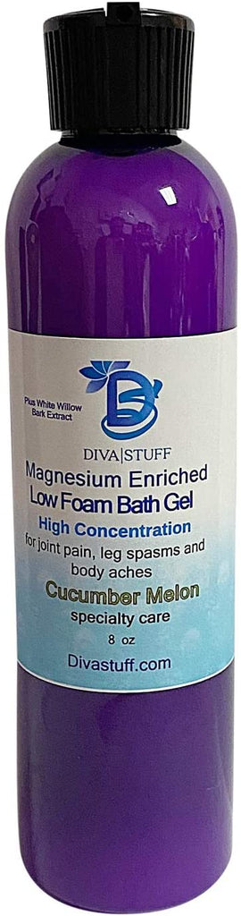 Magnesium Enriched Low Foam Bath Gel Soak for Aches and Pain with White Willow Bark Extract, Naturals Aspirin, Cucumber Melon Scent, 8oz by Diva Stuff