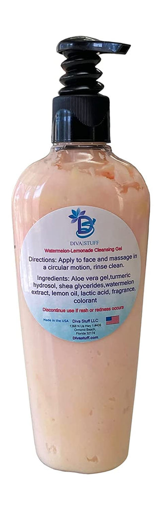 Watermelon Lemonade Make Up Removing Facial Cleansing Gel For Acne Prone Skin, With Turmeric, Watermelon Extract and Lactic Acid, 8 oz Bottle, By Diva Stuff