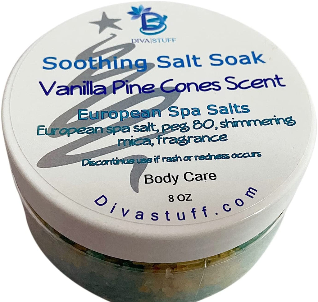 European Spa Salt Soak with Iridescent Colored Micas, Soothing and Relaxing, Vanilla Pine Cones Scent, 8oz