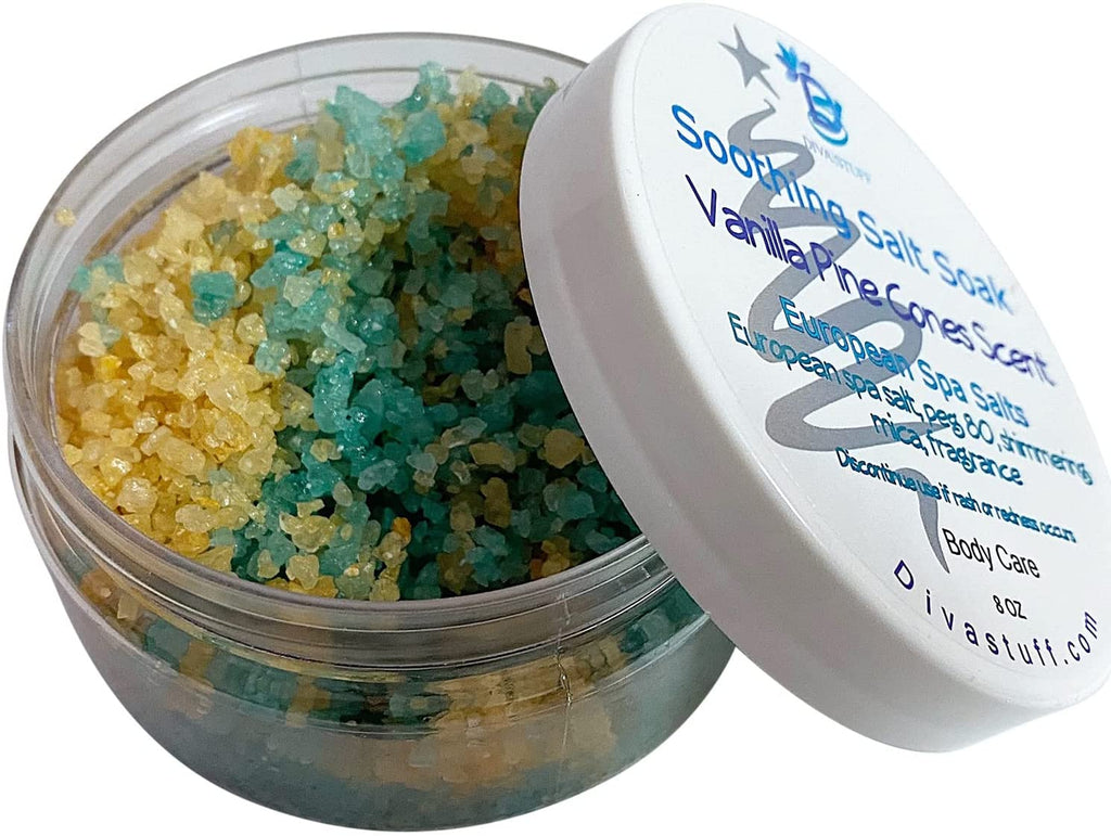 European Spa Salt Soak with Iridescent Colored Micas, Soothing and Relaxing, Vanilla Pine Cones Scent, 8oz