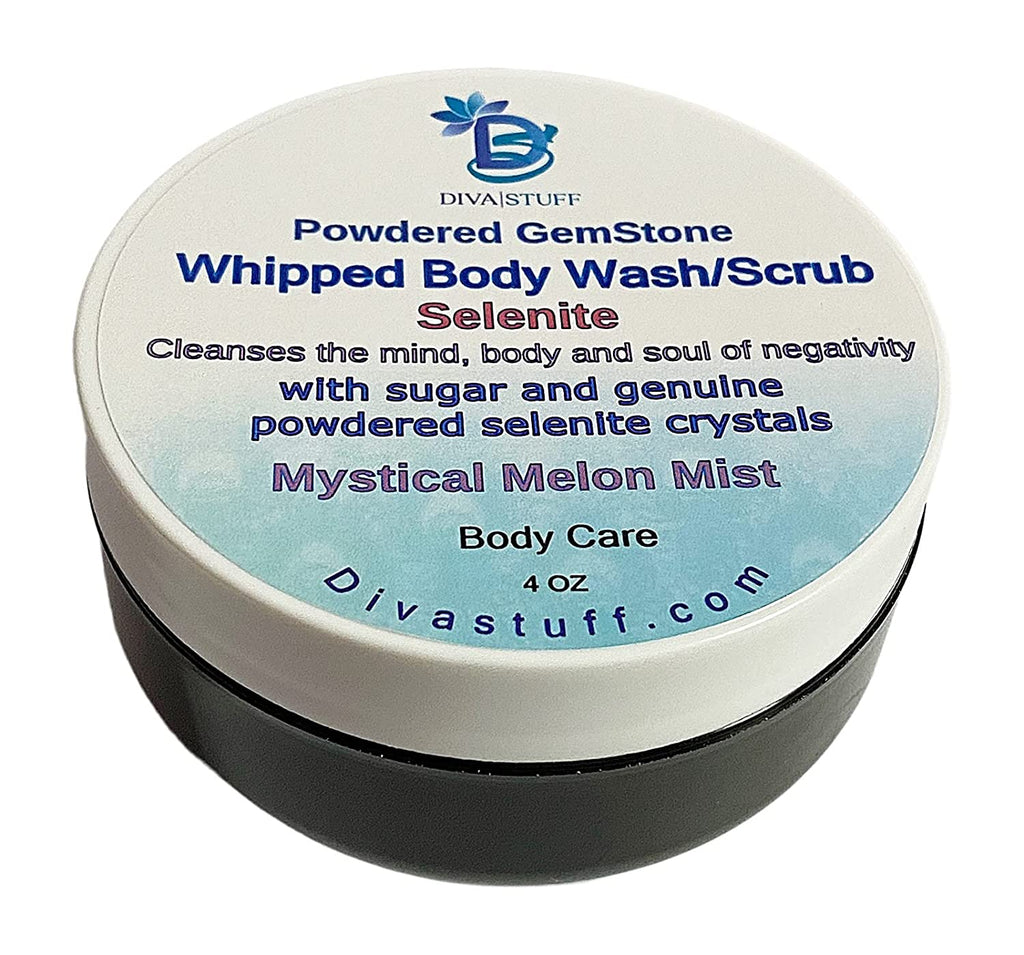 Whipped Wash/Scrub With Powdered Selenite Gemstone, Rid the Mind, Body and Soul of Negativity, Mystical Melon Mist Scent, By Diva Stuff, 4 oz Jar