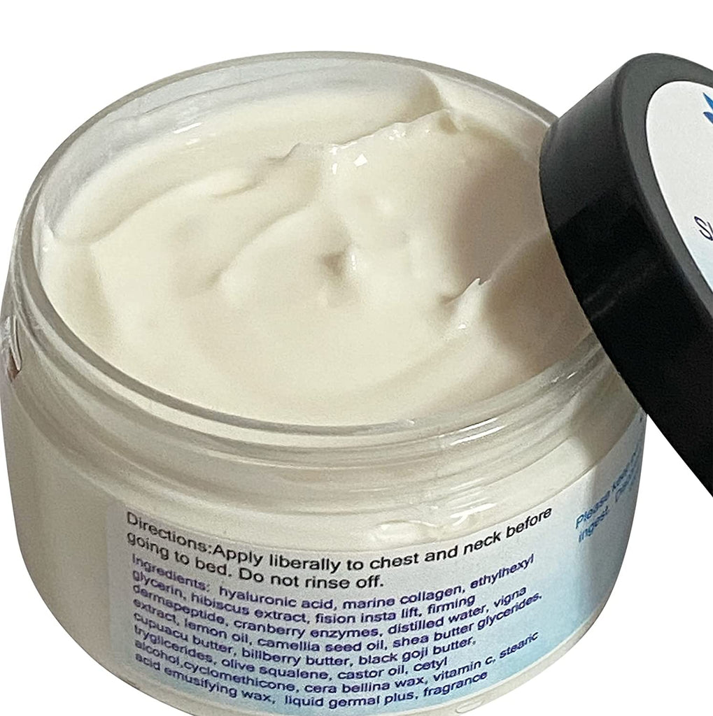 Sleep Tight and Tighten While You Sleep Chest and Neck Mask/Cream, With Hibiscus, Hyaluronic Acid,Firming Peptides, Black Goji Butter, Cranberry Enzymes and More, Bermuda Rain Scent, 4 oz By Diva Stuff