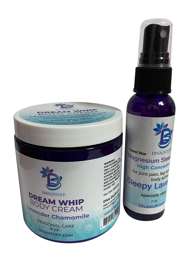 Diva stuff (SET) Dream Whip Magnesium and Hemp Enhanced Night Body Cream And Spray for Relaxed & Sound Sleep, Lavender Chamomile (Single Dream Whip (8 oz) Spray 2 oz