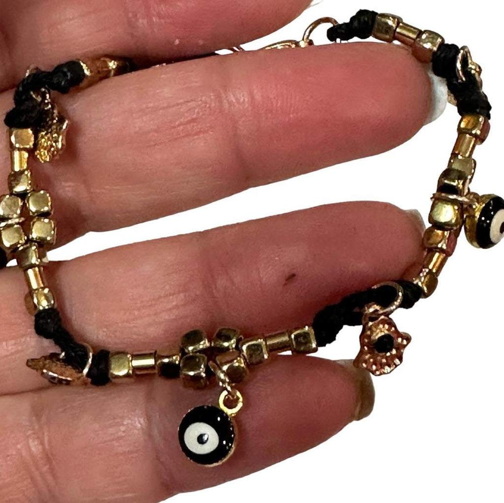 Evil Eye and Hamsas  Black and Gold-Toned Bracelet, Item T10