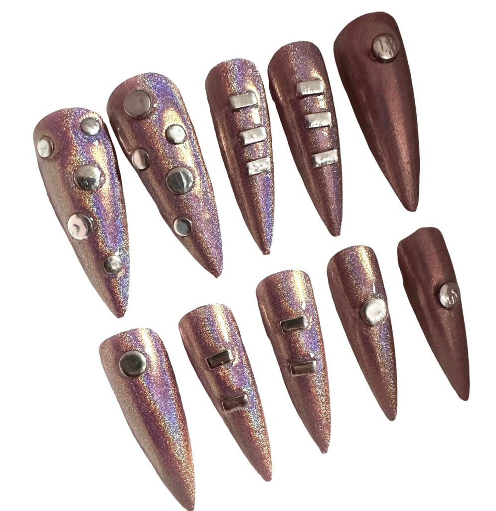 Flirty Findz Handcrafted Press On-Fake Nails, Metallic Pink, Medium-to-Long Stiletto Nails, With Glue and Gel Tabs, Item BG80