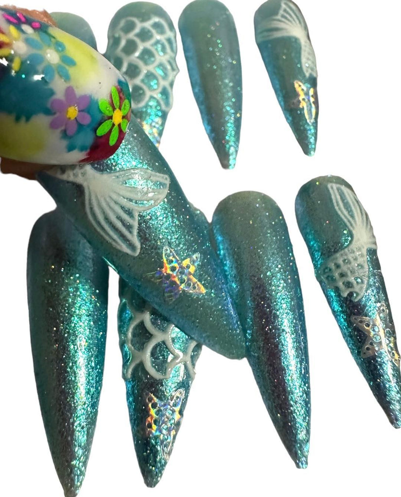 Flirty Findz Handcrafted Press On-Fake Nails, Mermaid Love, Medium-to-Long Stiletto Nails, With Glue and Gel Tabs, Item BG70
