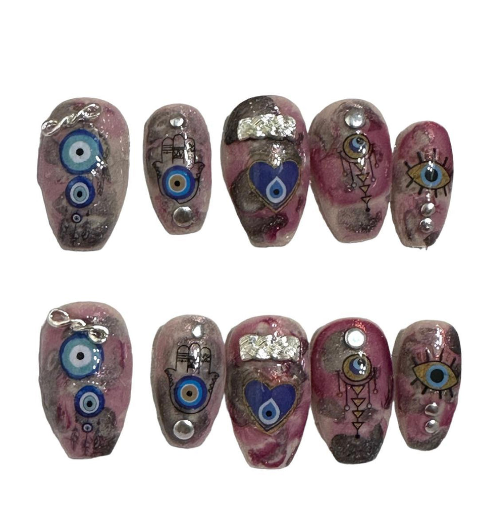 Flirty Findz Evil Eye, Handcrafted Press-On Fake Nails, Short Coffin Nails, With Glue and Gel Tabs,Item BG91