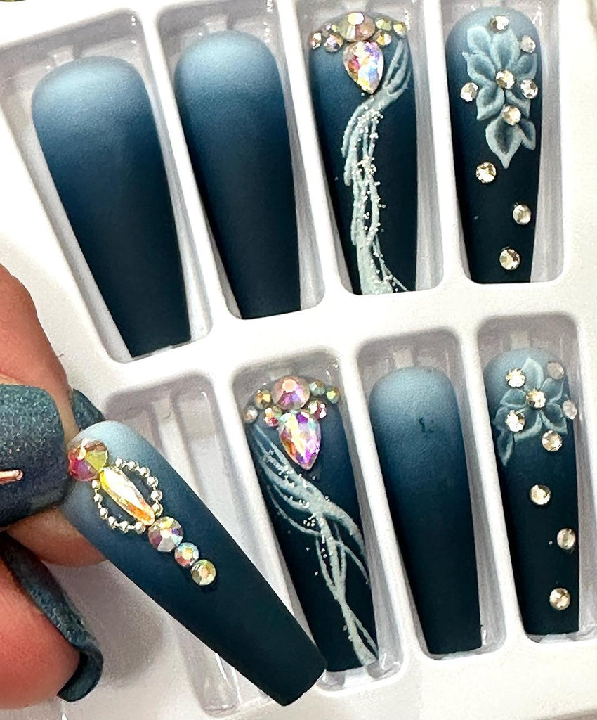Flirty Findz Medium-to-Long Coffin, Press-on Fake Nails, Matte Surface With Gradual Blue Color, Classy Design with Bling, Item V25