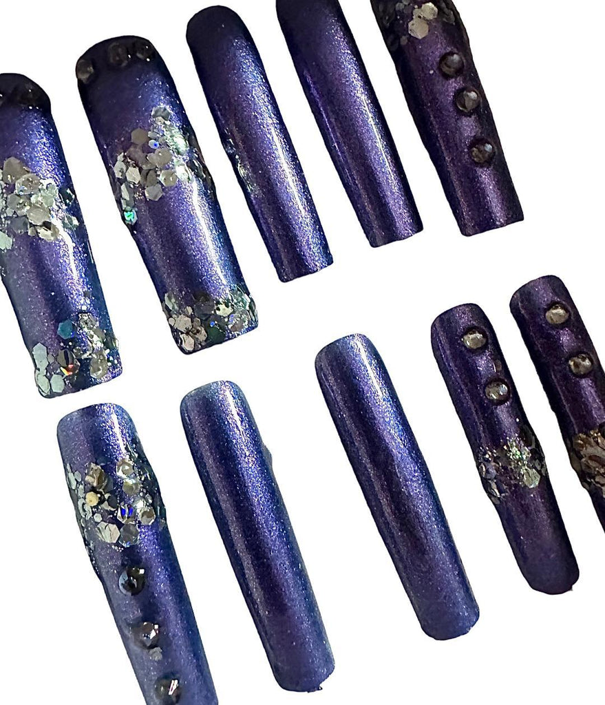 Flirty Findz Handcrafted Press On-Fake Nails, Metallic Blue-Purple, XLong Square Nails, With Glue and Gel Tabs,Item BG90