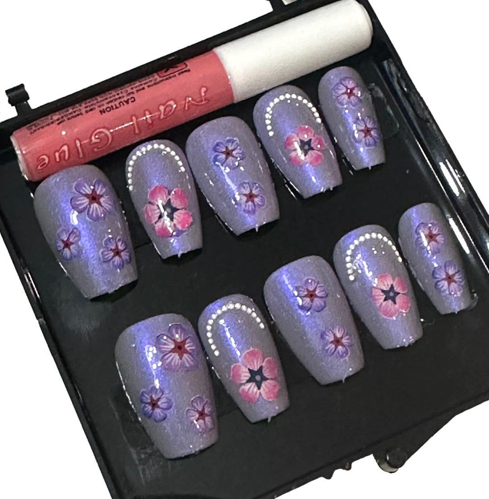 Flirty Findz Handcrafted Press-On Fake Nails, Short Coffin Nails, V23, With Glue and Gel Tabs