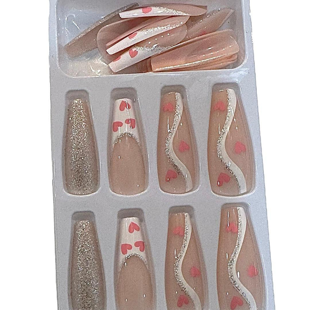 Flirty Findz Medium-to-Long Coffin Nails, Hearts and Glitter,  Press-on Fake Nails, Item J67