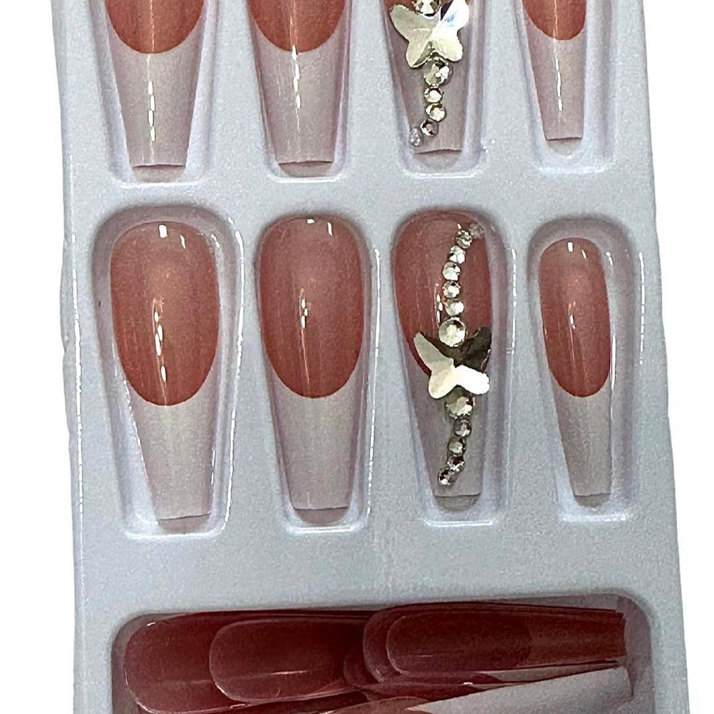 Flirty Findz Medium-to-Long Coffin Press-on Fake Nails, Butterfly Bling, Item S80