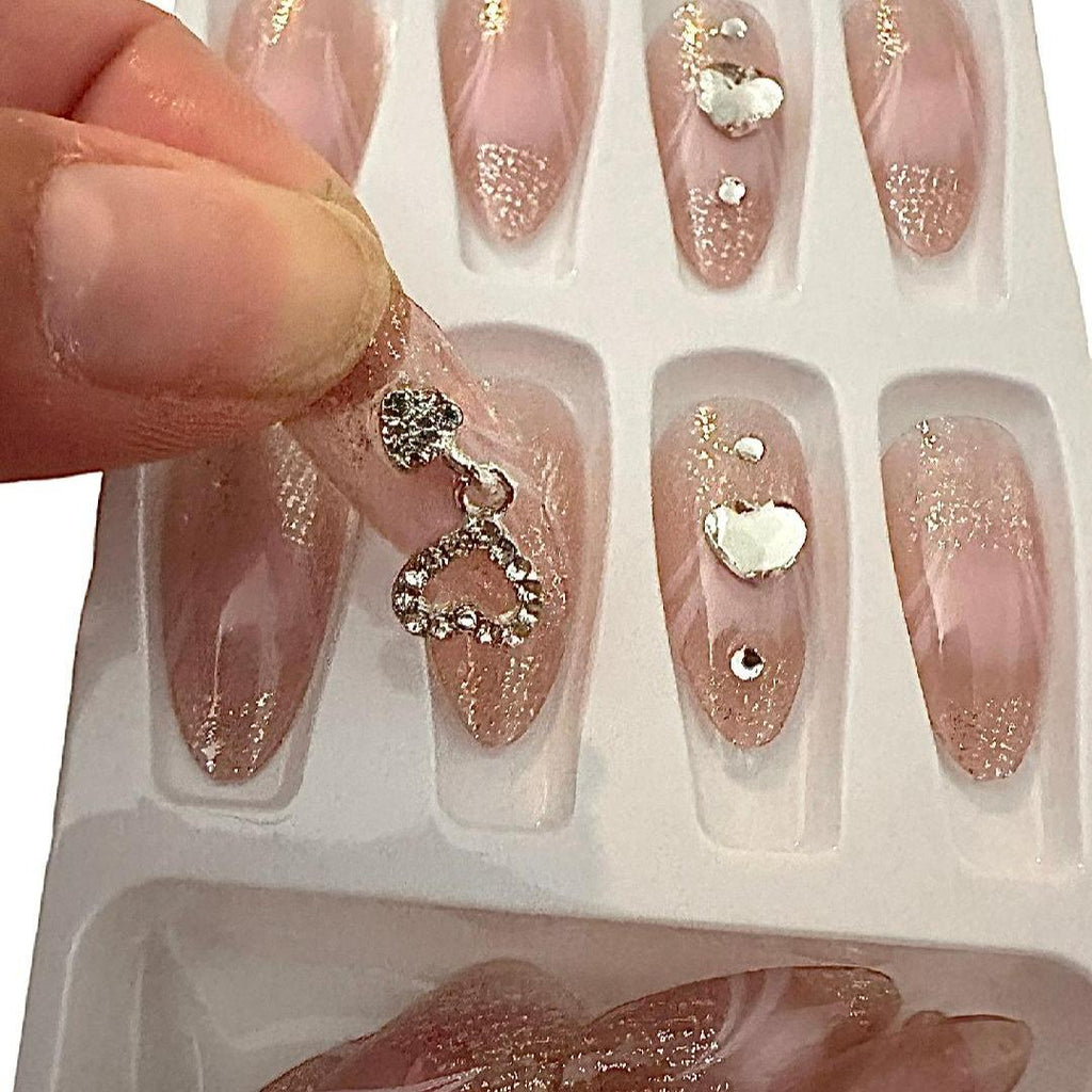 Flirty Findz Short-to-Medium Almond-Shaped Nails, Translucent Pink With Bling, Press-on Fake Nails, Item Q8