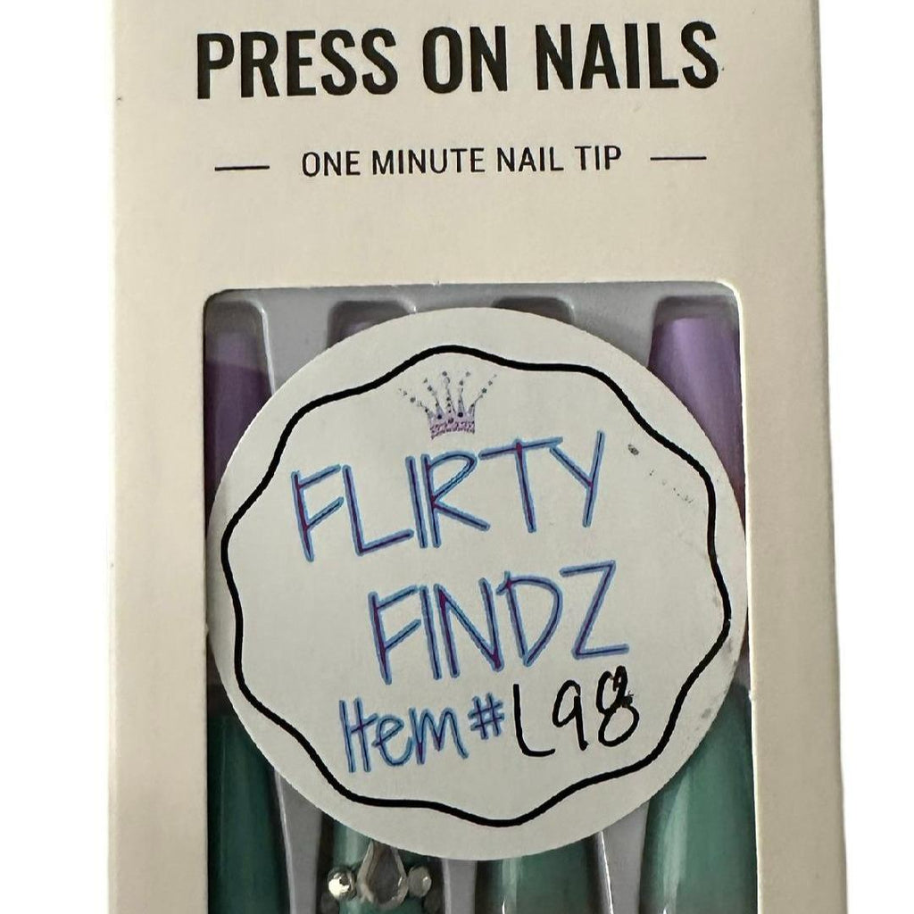 Flirty Findz Multicolored, Pastel, Medium-to-Long, Coffin, Press-on Fake Nails, With Rhinestones, Item L98