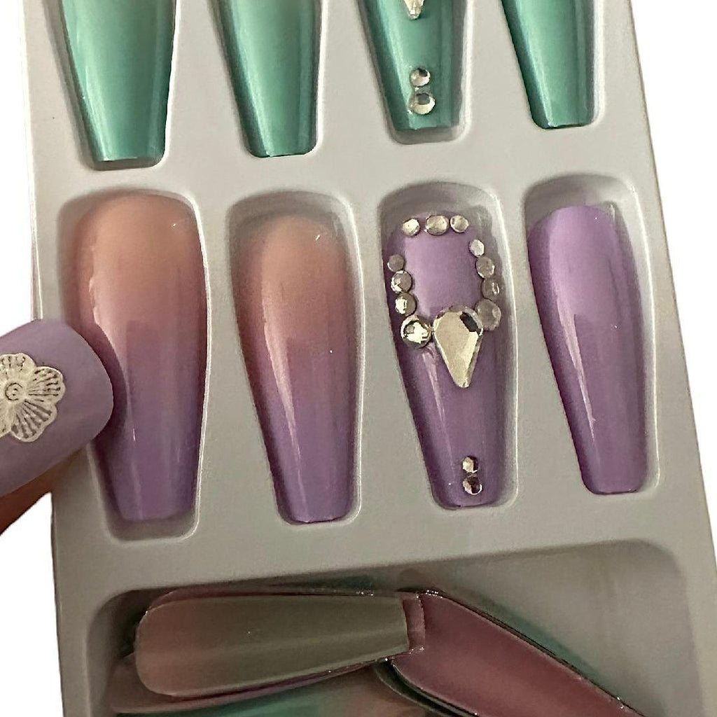 Flirty Findz Multicolored, Pastel, Medium-to-Long, Coffin, Press-on Fake Nails, With Rhinestones, Item L98