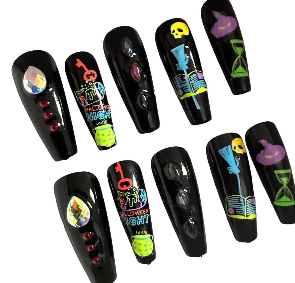 Flirty Findz Halloween Themed Hand Crafted Press On Fake Nails, Medium to Long Coffin Nails, C90, With Glue and Gel Tabs