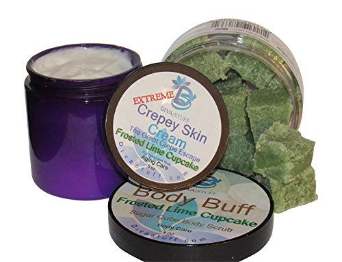 Extreme Crepey Skin Body & Face Cream & Exfoliating Sugar Scrub Set, With Hyaluronic Acid, Alpha Hydroxy and More (Frosted Lime Cupcake Scent))