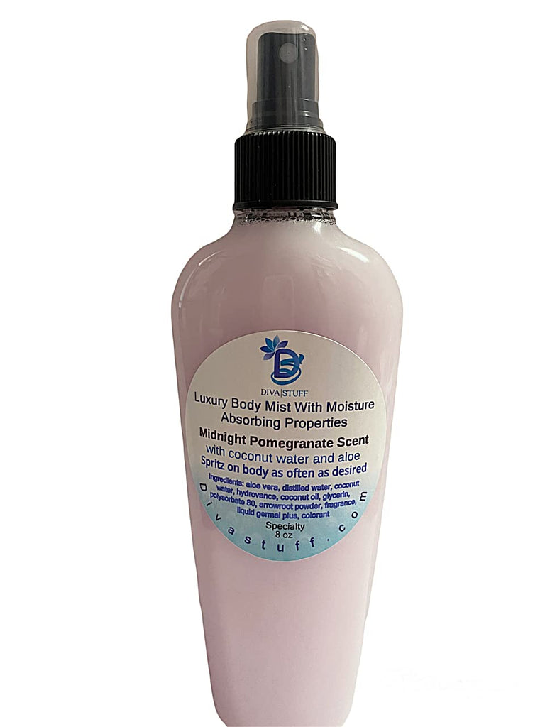 Midnight Pomegranate Scented Moisture Mist With Sweat Absorbing Properties, Coconut Water and Aloe, By Diva Stuff