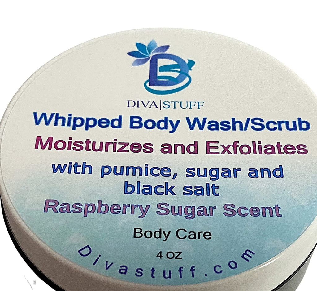 Whipped Body Wash/Scrub By Diva Stuff, With Pumice, Sugar and Black Salt, Exfoliates Dead Skin,, Raspberry Sugar Scent, 4 oz