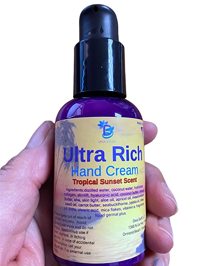 Ultra-Rich Hand Cream - Diva Stuff Ultra Rich Hand Cream , Deep Nourishment for Dry Hands, Elbows and More, Very Light Tropical Sunset Scent, 2oz