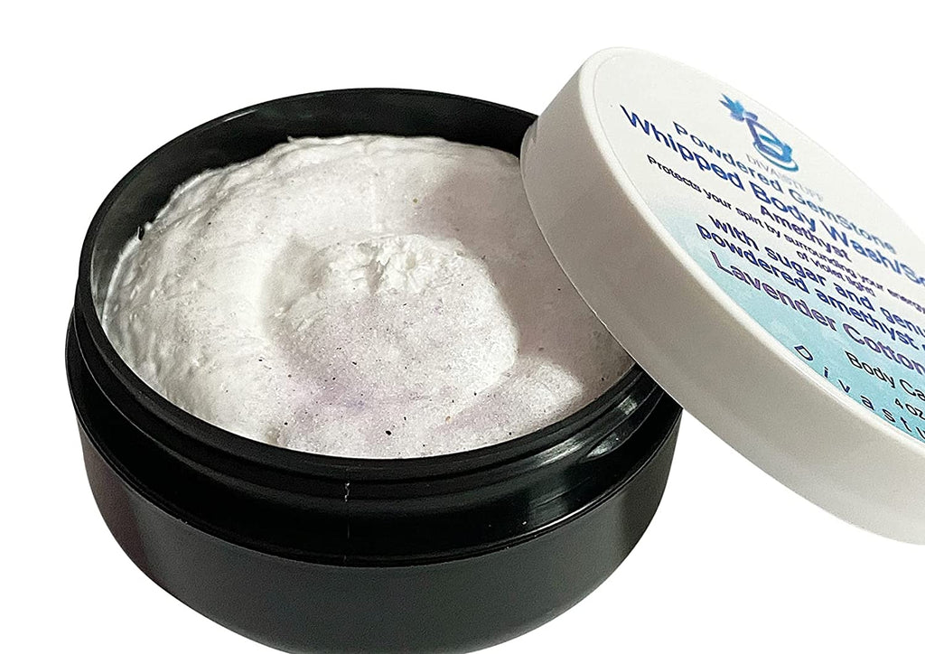 Whipped Wash/Scrub With Powdered Amethyst Gemstones , Lavender Cotton Scent, Exfoliates and Moisturizes Plus Provides the Magic Healing Powers of the Amethyst, By Diva Stuff, 4 oz Jar