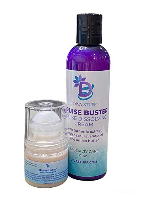 Bruise Busting Cream 4 oz bottle and Rollerball Gel Treatment (Purse and Travel Size), For Those Who Bruise Easily, With Arnica Butter, Lavender and Turmeric, All Natural, 4 oz, By Diva Stuff (2 Pack)