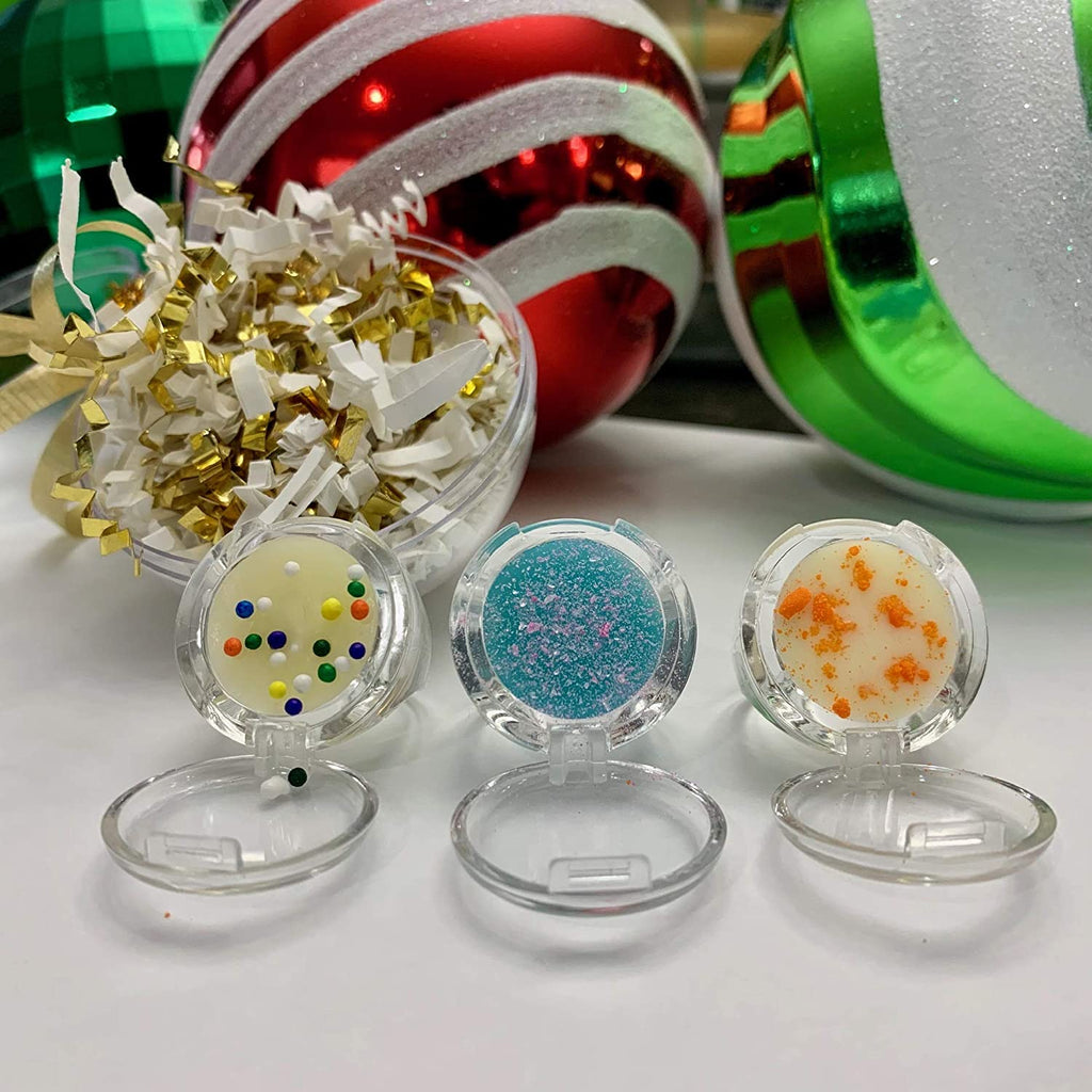 Lip Balm 3 Fun Pack In A Clear Ornament, Cosmetic Acessories For Girls, Great Stocking Stuffer, Cotton Candy, Orange Cream and Cake Batter