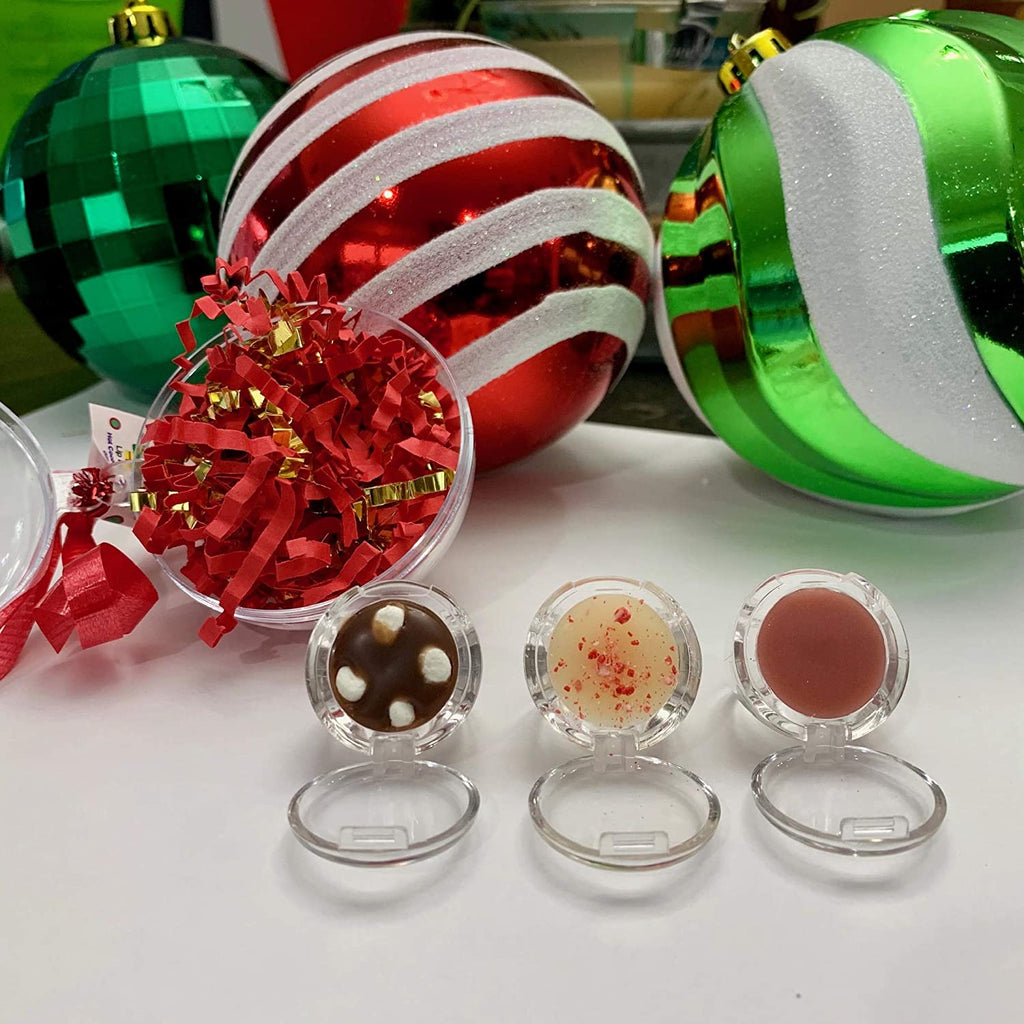 Lip Balm 3 Fun Pack in A Clear Ornament, Cosmetic Acessories for Girls, Great Stocking Stuffer, Hot Cocoa, Gingerbread, and Vanilla Candy Cane