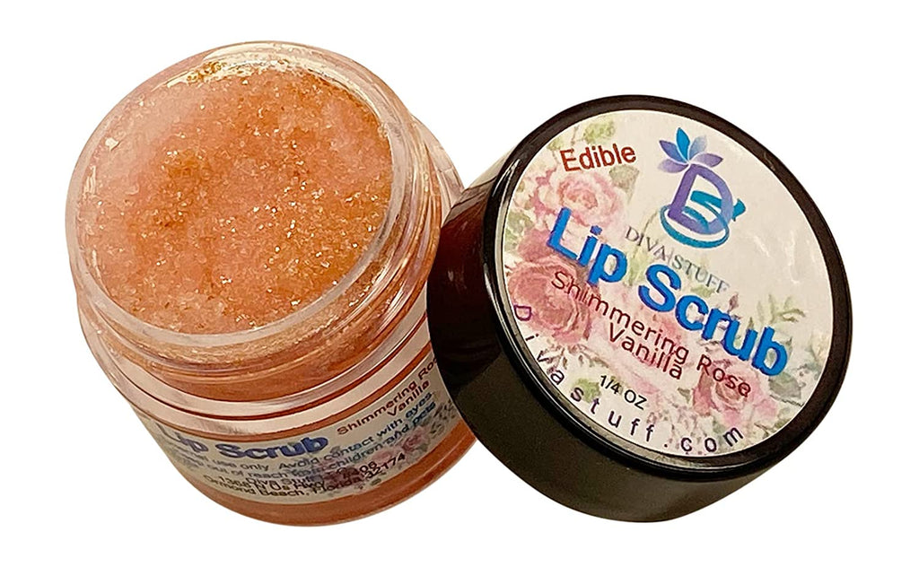 Diva Stuff Ultra Hydrating Lip Scrub for Soft Lips, New Holiday Flavors, Gentle Exfoliation, Moisturizer & Conditioner, ¼ oz - Made in the USA (Shimmering Rose Vanilla)
