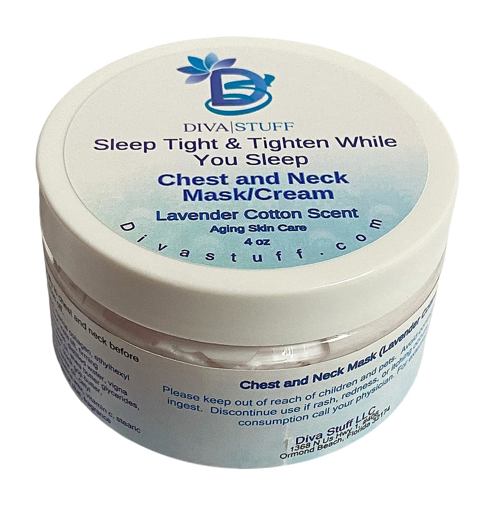 Sleep Tight and Tighten While You Sleep Chest and Neck Mask/Cream, With Hibiscus, Hyaluronic Acid,Firming Peptides, Black Goji Butter, Cranberry Enzymes and More, Lavender Cotton Scent, 4 oz By Diva Stuff