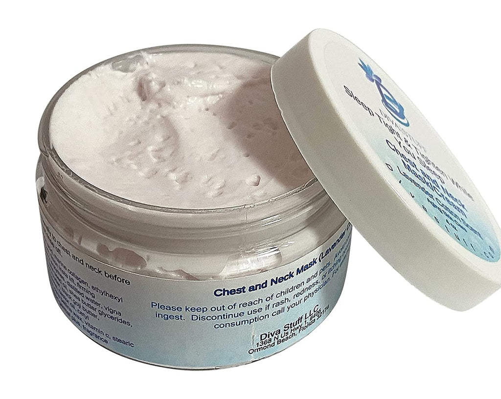 Sleep Tight and Tighten While You Sleep Chest and Neck Mask/Cream, With Hibiscus, Hyaluronic Acid,Firming Peptides, Black Goji Butter, Cranberry Enzymes and More, Lavender Cotton Scent, 4 oz By Diva Stuff