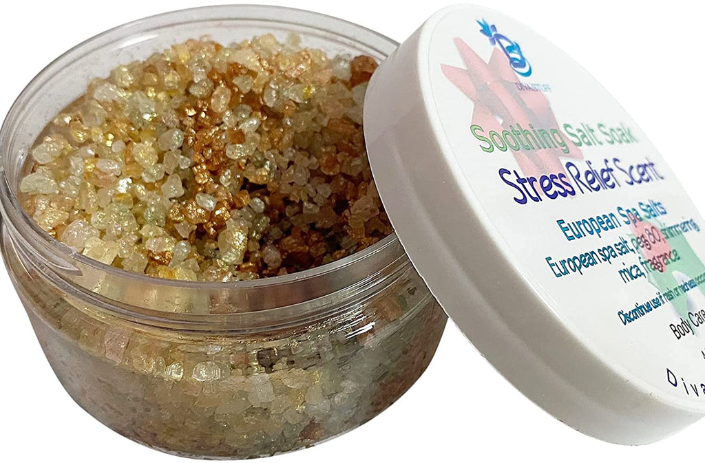 European Spa Salt Soak with Iridescent Colored Micas, Soothing and Relaxing, Stress Relief Scent, 8oz