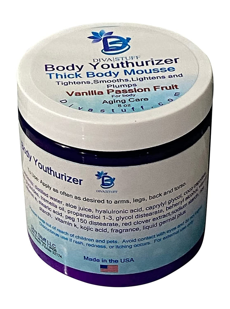 Diva Stuff Body Youthurizer,Thick Body Mousse For Crepey Skin With Anti Aging, Deep Hydration , Smoothing and Plumping Properties, Vanilla Passionfruit Scent, 8 oz Jar